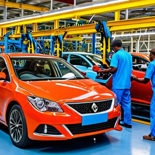 Home 16 **Local Automobile Production**: Create an image of a vibrant automobile manufacturing facility in Saint Lucia, showcasing workers passionately assembling vehicles. The scene should reflect a blend of traditional craftsmanship and modern engineering, with colorful designs and tropical elements incorporated into the cars.