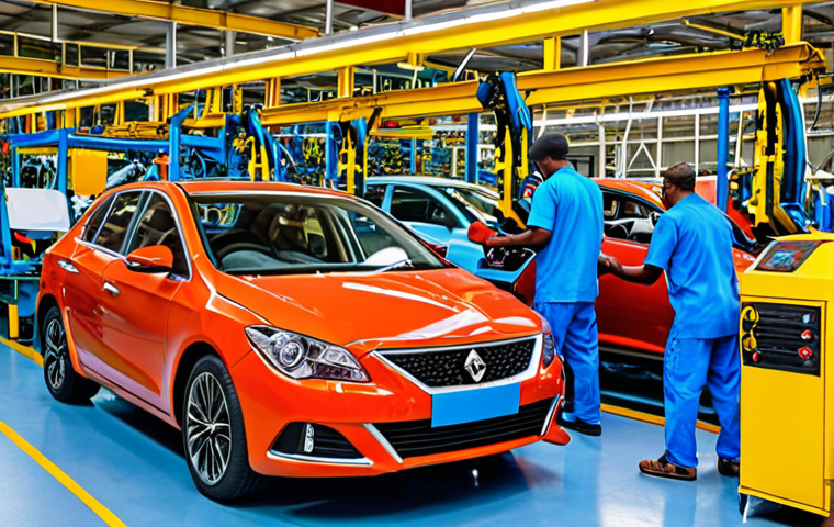 **Local Automobile Production**: Create an image of a vibrant automobile manufacturing facility in Saint Lucia, showcasing workers passionately assembling vehicles. The scene should reflect a blend of traditional craftsmanship and modern engineering, with colorful designs and tropical elements incorporated into the cars.