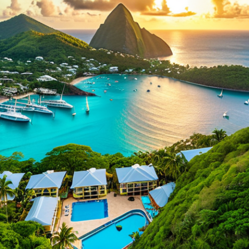 Home 15 **
"Aerial view of Rodney Bay, St. Lucia, vibrant turquoise waters filled with yachts, modern condos and villas lining the coast, lush green hills in the background, golden sunset, luxury lifestyle, vibrant atmosphere, Canon EOS R5, f/8, 24mm, ISO 100"
**