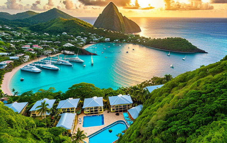 **
"Aerial view of Rodney Bay, St. Lucia, vibrant turquoise waters filled with yachts, modern condos and villas lining the coast, lush green hills in the background, golden sunset, luxury lifestyle, vibrant atmosphere, Canon EOS R5, f/8, 24mm, ISO 100"
**