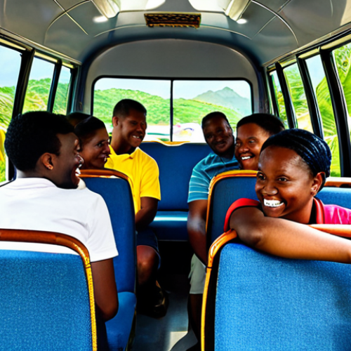 Home 8 A lively scene inside a Saint Lucian minibus, known as a "jitney." The focus is on a diverse group of passengers, including locals and a tourist, engaging in friendly conversation. Sunlight streams through the open windows, revealing glimpses of tropical palm trees and vibrant island architecture outside. All individuals are fully clothed in modest, comfortable, and appropriate everyday attire, reflecting Caribbean style. The atmosphere is authentic, community-focused, and cheerful. perfect anatomy, correct proportions, natural pose, well-formed hands, proper finger count, natural body proportions, professional photography, high quality, safe for work, appropriate content, fully clothed, family-friendly.