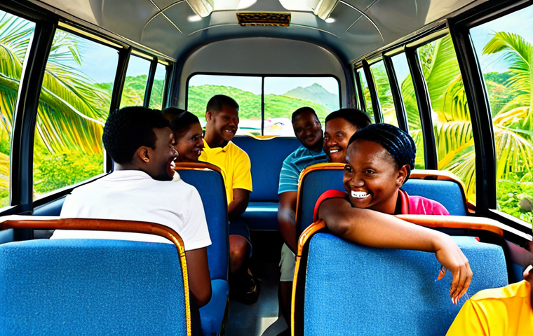 A lively scene inside a Saint Lucian minibus, known as a "jitney." The focus is on a diverse group of passengers, including locals and a tourist, engaging in friendly conversation. Sunlight streams through the open windows, revealing glimpses of tropical palm trees and vibrant island architecture outside. All individuals are fully clothed in modest, comfortable, and appropriate everyday attire, reflecting Caribbean style. The atmosphere is authentic, community-focused, and cheerful. perfect anatomy, correct proportions, natural pose, well-formed hands, proper finger count, natural body proportions, professional photography, high quality, safe for work, appropriate content, fully clothed, family-friendly.