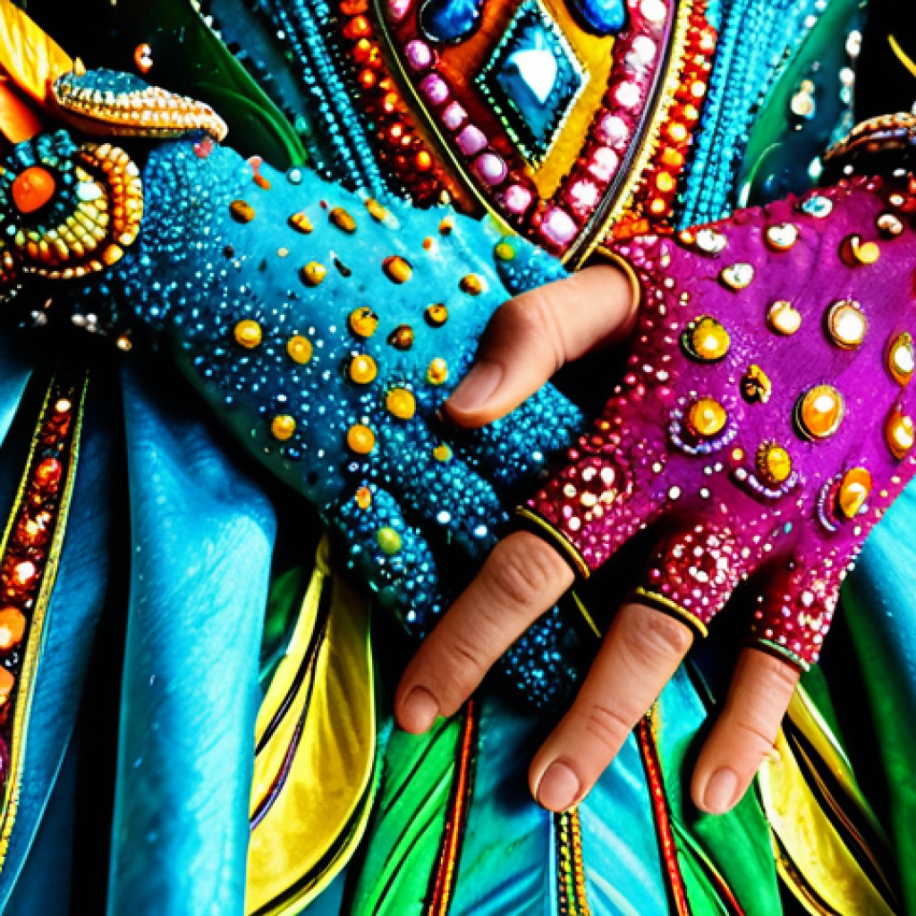 Carnival Costume Detail**

"Close-up shot of an elaborate, fully clothed Carnival costume featuring bright, shimmering fabrics and intricate beading. The costume is inspired by nature, possibly featuring floral or bird-like elements. Focus on the craftsmanship and detail of the materials. Appropriate attire, safe for work, professional quality, perfect anatomy (if a person is partially visible), natural proportions, well-formed hands (if visible), proper finger count, vibrant colors, high resolution."

**