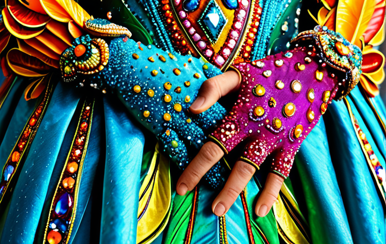 Carnival Costume Detail**

"Close-up shot of an elaborate, fully clothed Carnival costume featuring bright, shimmering fabrics and intricate beading. The costume is inspired by nature, possibly featuring floral or bird-like elements. Focus on the craftsmanship and detail of the materials. Appropriate attire, safe for work, professional quality, perfect anatomy (if a person is partially visible), natural proportions, well-formed hands (if visible), proper finger count, vibrant colors, high resolution."

**