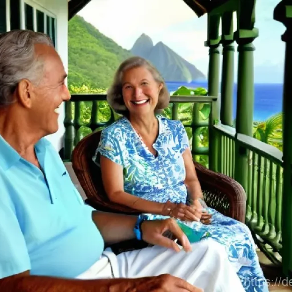 세인트루시아에서 은퇴 생활 - **Prompt:** A serene scene on a spacious wooden veranda of a traditional Caribbean-style house in St...