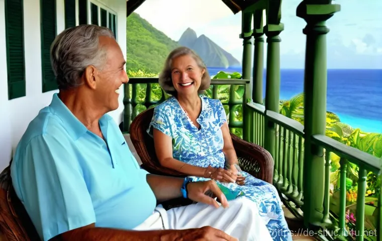 세인트루시아에서 은퇴 생활 - **Prompt:** A serene scene on a spacious wooden veranda of a traditional Caribbean-style house in St...