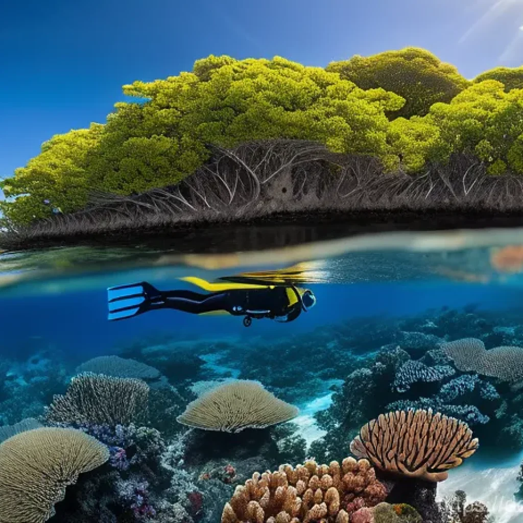 세인트루시아에서의 다이빙 자격증 - A breathtaking underwater scene in St. Lucia's crystal-clear, warm waters. The foreground features a...