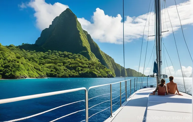 세인트루시아에서 요트 대여 - A breathtaking, high-angle view of a luxurious catamaran gracefully sailing on the pristine, turquoi...
