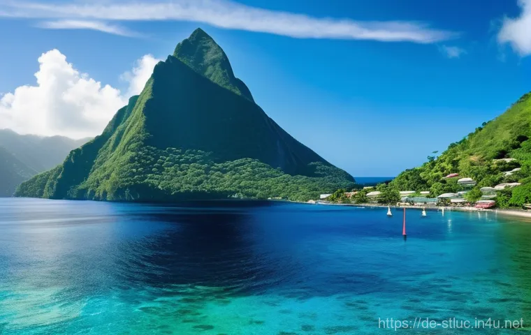 세인트루시아 크루즈 여행 - **Prompt:** A breathtaking panoramic view of St. Lucia's iconic Pitons, Gros Piton and Petit Piton, ...
