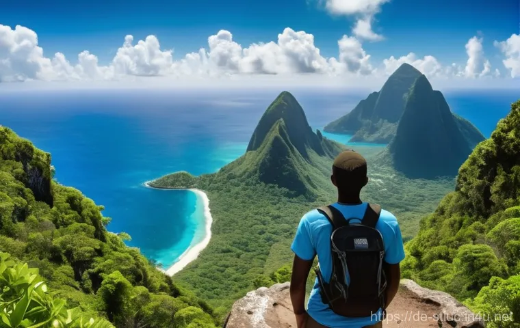 세인트루시아 크루즈 여행 - **Prompt:** A breathtaking panoramic view of St. Lucia's iconic Pitons, Gros Piton and Petit Piton, ...