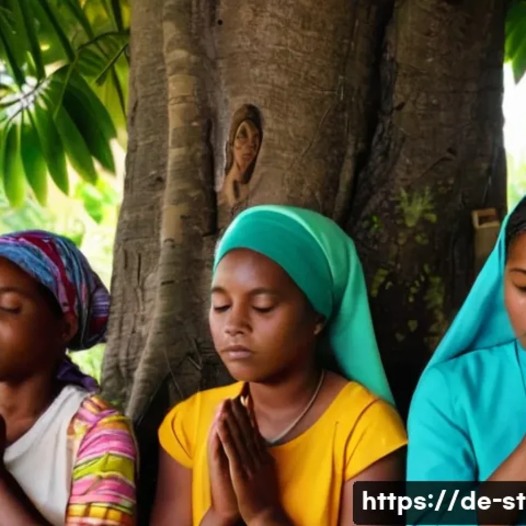세인트루시아의 종교적 관습 - **Prompt:** A serene and authentic scene depicting a small group of Saint Lucian women, of various a...