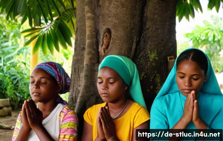 세인트루시아의 종교적 관습 - **Prompt:** A serene and authentic scene depicting a small group of Saint Lucian women, of various a...
