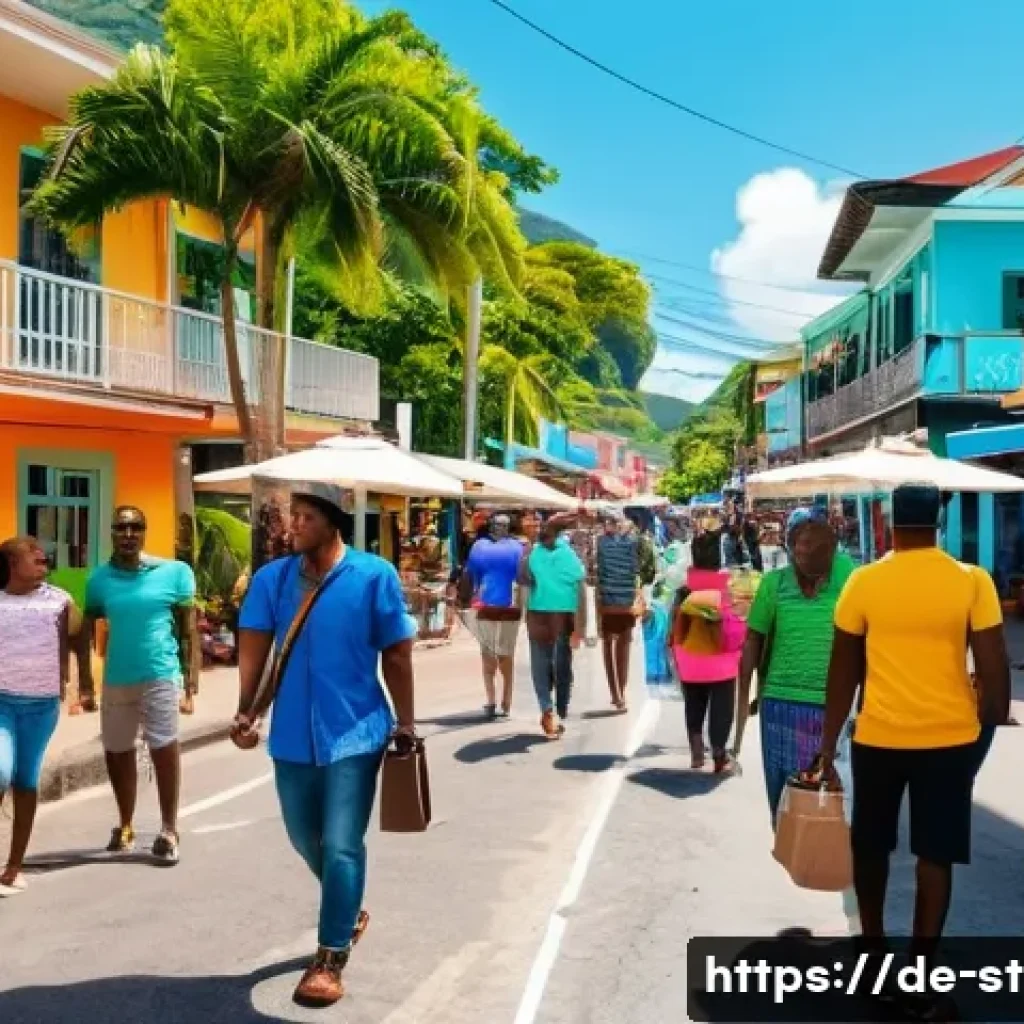 세인트루시아에서 휴대폰 사용법 - A vibrant street scene in Castries, St. Lucia, showing a diverse group of people using smartphones o...