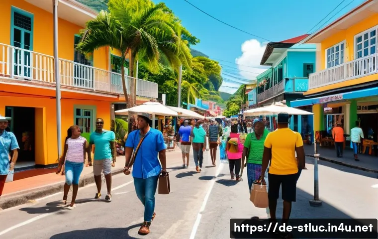 세인트루시아에서 휴대폰 사용법 - A vibrant street scene in Castries, St. Lucia, showing a diverse group of people using smartphones o...