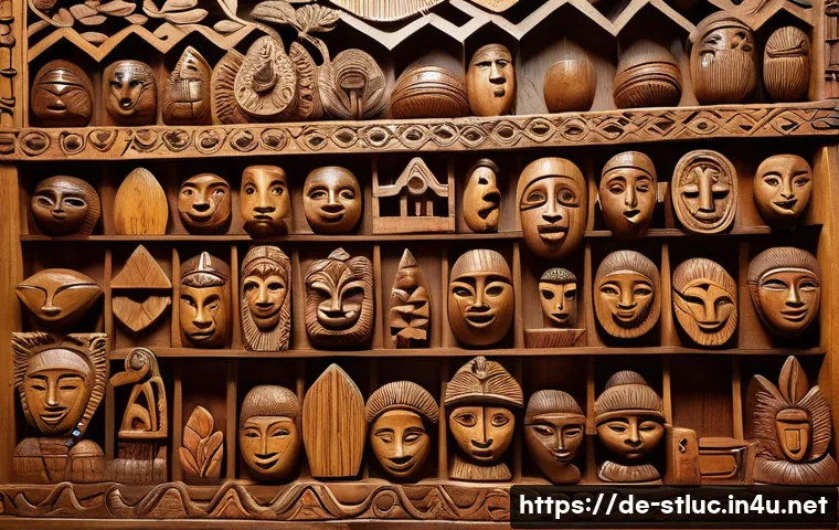 세인트루시아 기념품 추천 - A detailed image of traditional Caribbean wooden carvings from St. Lucia, showcasing intricately han...