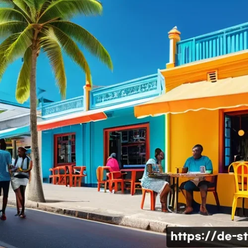 세인트루시아에서 인터넷 속도 - A vibrant urban scene in Castries, St. Lucia, showing a modern caf&eacute; with tourists and locals using l...