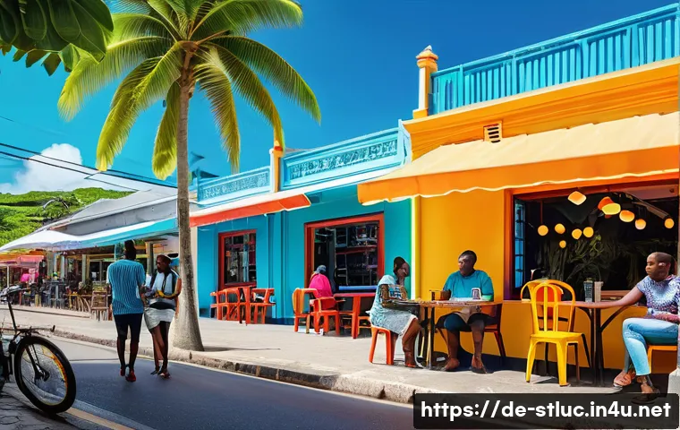 세인트루시아에서 인터넷 속도 - A vibrant urban scene in Castries, St. Lucia, showing a modern caf&eacute; with tourists and locals using l...