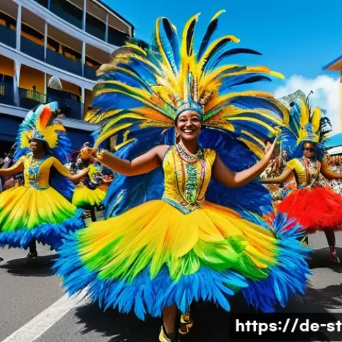 세인트루시아 음악 장르 - A vibrant street scene during St. Lucia&rsquo;s Carnival featuring colorful costumes inspired by Caribbean...