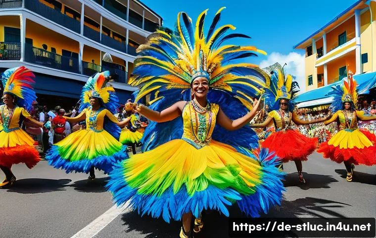 세인트루시아 음악 장르 - A vibrant street scene during St. Lucia&rsquo;s Carnival featuring colorful costumes inspired by Caribbean...