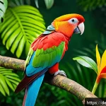 세인트루시아에서의 동물 보호 - A detailed scene showing a Saint Lucia Parrot perched quietly in a lush tropical forest, surrounded ...