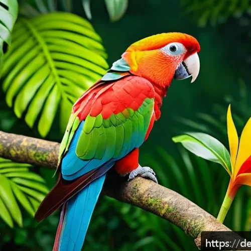 세인트루시아에서의 동물 보호 - A detailed scene showing a Saint Lucia Parrot perched quietly in a lush tropical forest, surrounded ...