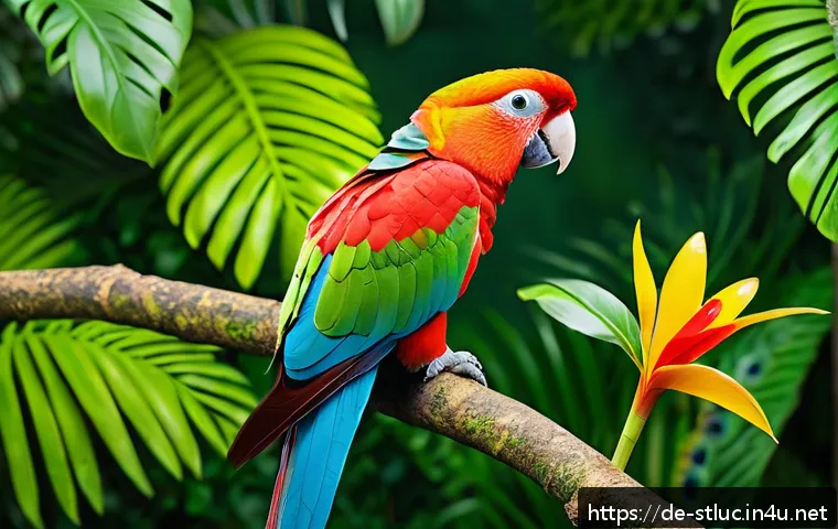 세인트루시아에서의 동물 보호 - A detailed scene showing a Saint Lucia Parrot perched quietly in a lush tropical forest, surrounded ...