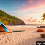 세인트루시아에서 캠핑 가능 지역 - A serene beachfront camping scene on the west coast of St. Lucia at sunset, featuring a family-frien...