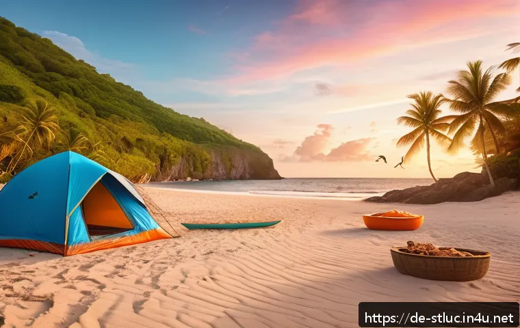 세인트루시아에서 캠핑 가능 지역 - A serene beachfront camping scene on the west coast of St. Lucia at sunset, featuring a family-frien...