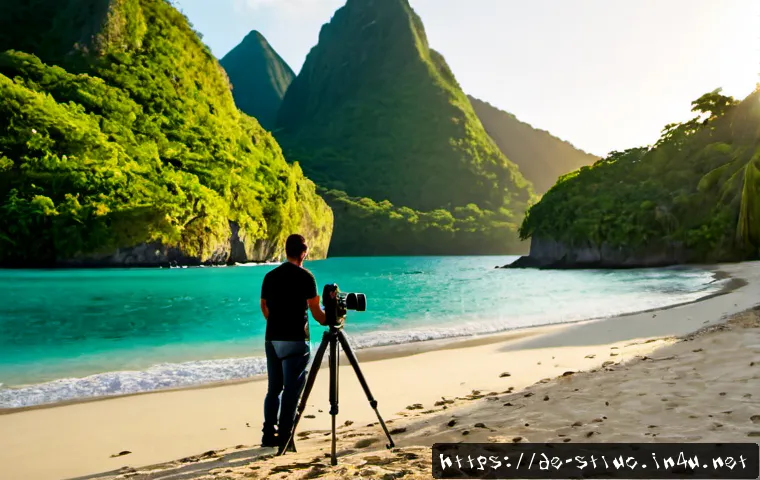 Home 17 세인트루시아에서 촬영된 헐리우드 영화 - Photorealistic cinematic wide shot of a tropical Caribbean island film location in Saint Lucia, dram...