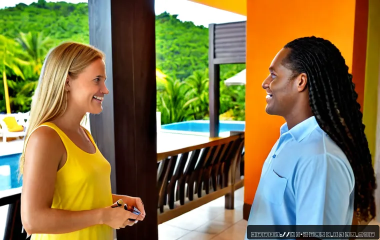세인트루시아 영어 사용 가능성 - Photorealistic travel scene in Saint Lucia, a German couple in casual summer clothing confidently sp...